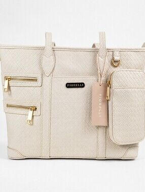 Fiorelli Beige Textured Tote Bag NWT Gold Hardware Zip Pocket